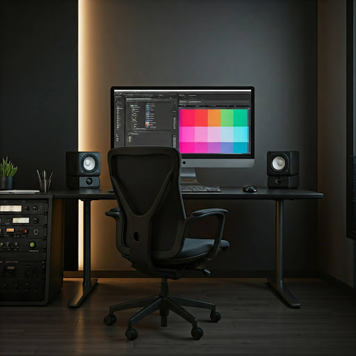 Station de montage vidéo professionnelle dans un studio moderne, avec un logiciel d’édition affichant une interface colorée à l’écran, illustrant l’intégration de l’intelligence artificielle dans le processus de postproduction.