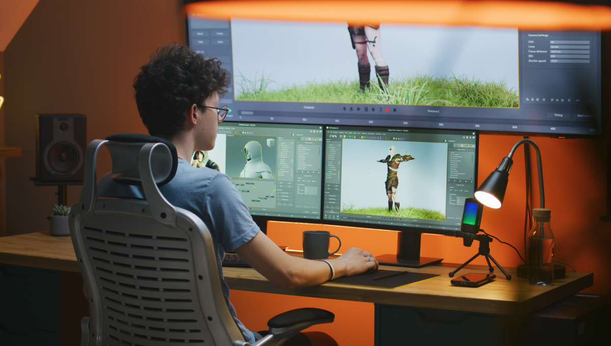 Créateur vidéo travaillant sur une publicité animée à l’aide d’un logiciel de montage professionnel dans un studio numérique
