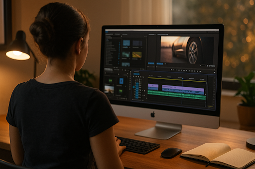 Femme de dos réalisant un montage vidéo sur mac avec Adobe Premiere Pro.
