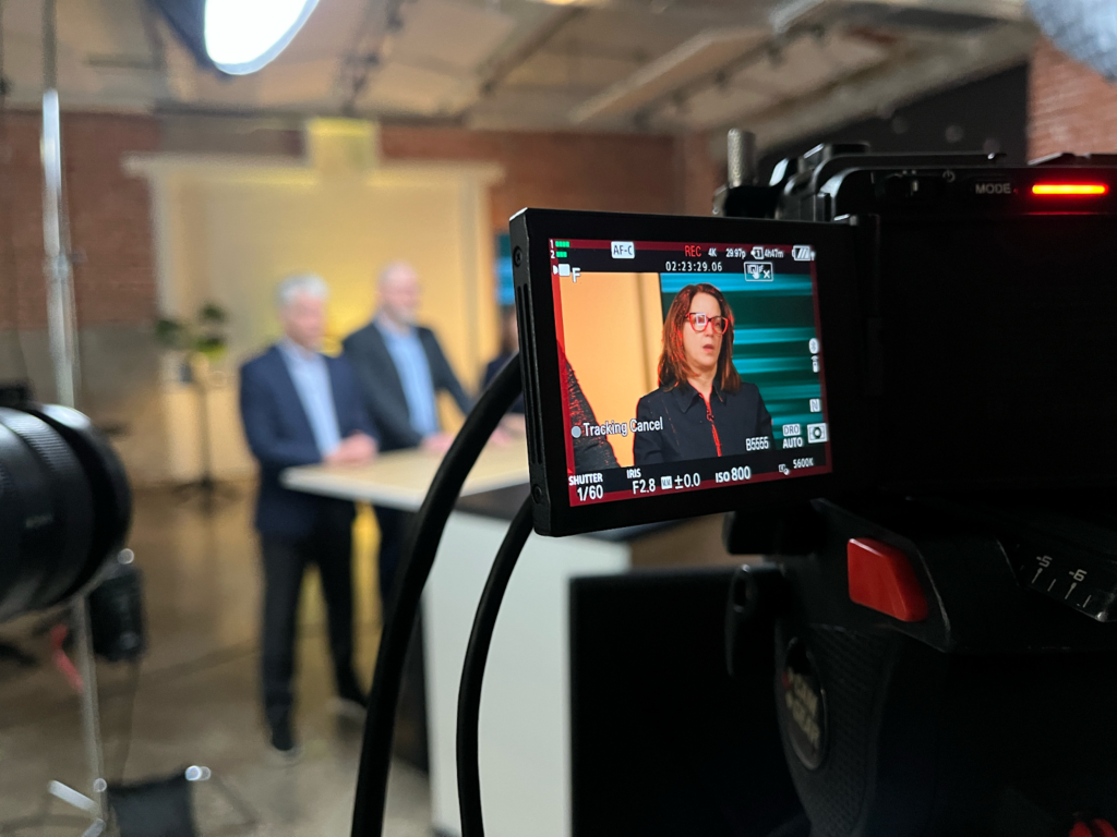 Brand video production in Montreal corporate studio filming professional interview setup